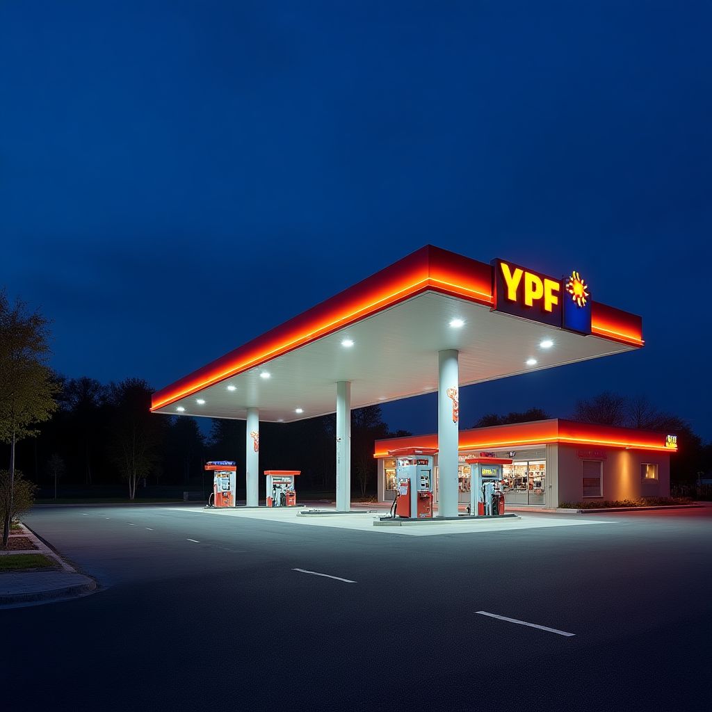 Estación YPF moderna de noche